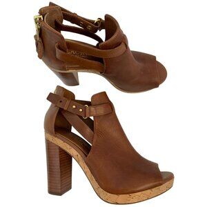 Lauren Ralph Lauren Peep Toe Platform Heels With Cork & Leather Block Size 6.5B